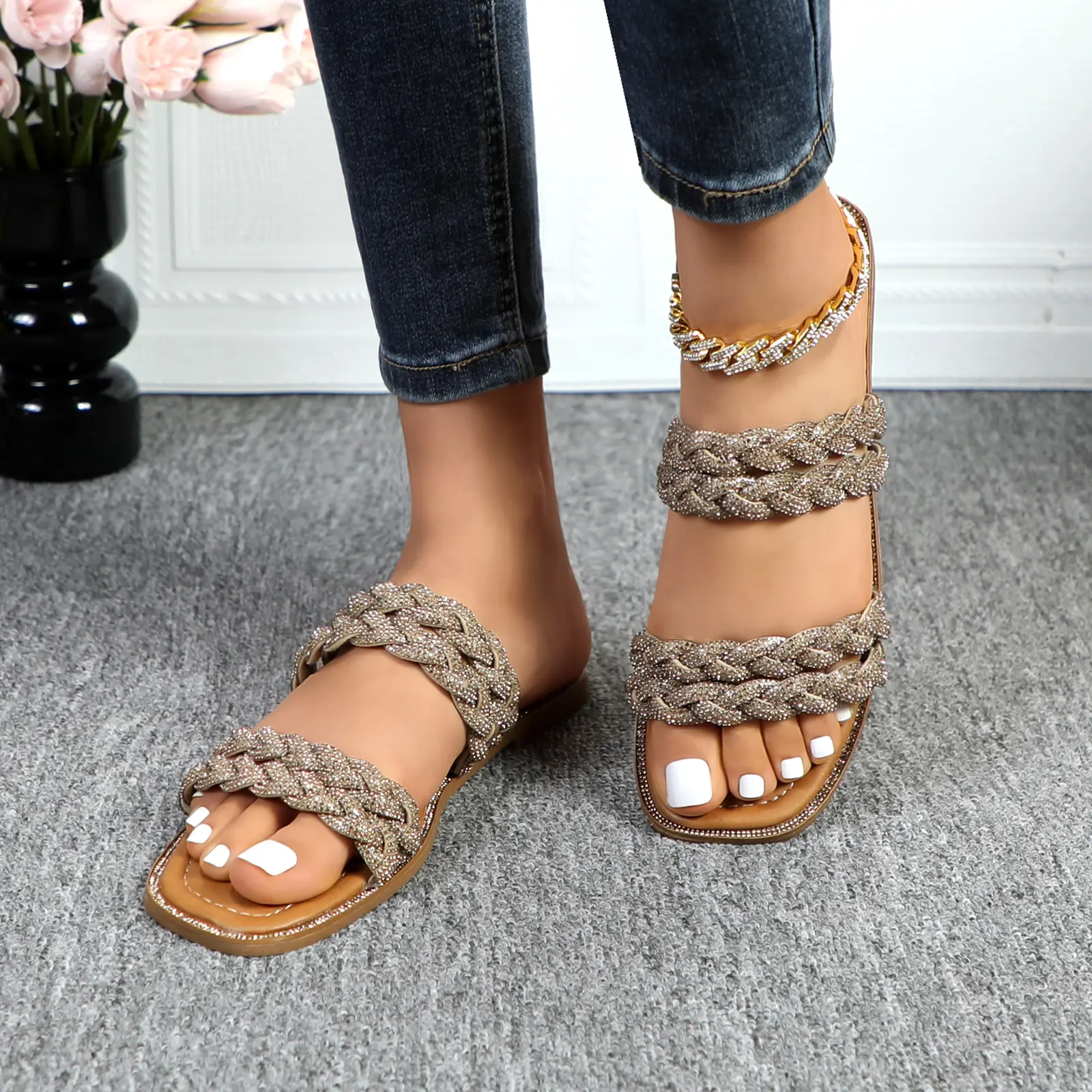 Women's Flat Slides Sandals-Summer Slippers Comfortable Braided Strap Square Open Toe Casual Beach Shoes BD