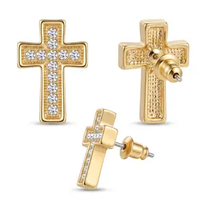 Vintage Textured Back Cross Zircon Earrings, Two Size Bling Rhinestone Religious Faith Symbol Piercing Jewelry