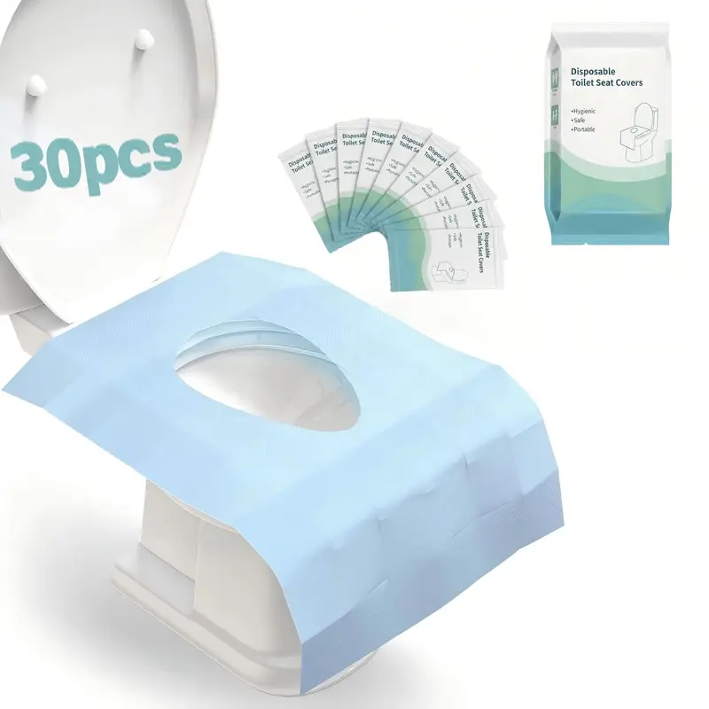 Disposable PE Rectangular Toilet Seat Cover Set (30 Pcs, 24x25 in) - Bathroom Accessory, Extra-Large Waterproof Foldable Soft Non-Slip Portable Hygienic Barrier with Adhesive Tabs for Adults, Travel, Airports