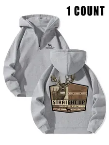 American Southern-Style Deer Graphic Half-Zip Hoodie - Straight Up Southern Casual Sweatshirt (Gray/Khaki)