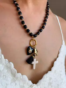 Vintage Enamel Heart Gold Mushroom Cross Pendant Necklace, Gothic Glazed Bead Chain, Waterproof Women's Jewelry