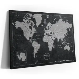 World Travel Map Modern Slate Style Push Pin Travel Map Cork Board, Track Your Travels Unique Canvas Framed Map (24" x 16")