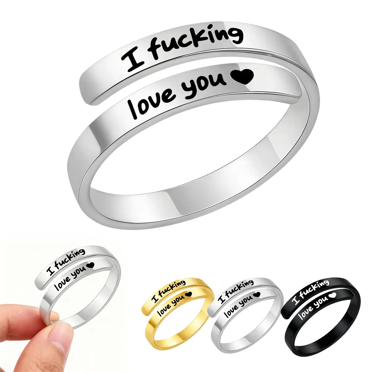 Promise Ring for Women, Vintage Stainless Steel Spiral Wrap with Engraved 'I F*cking Love You' Heart, Adjustable Womens Gifts for Girlfriend, Rings For Women, Gf Gift, Romantic Gifts For Her