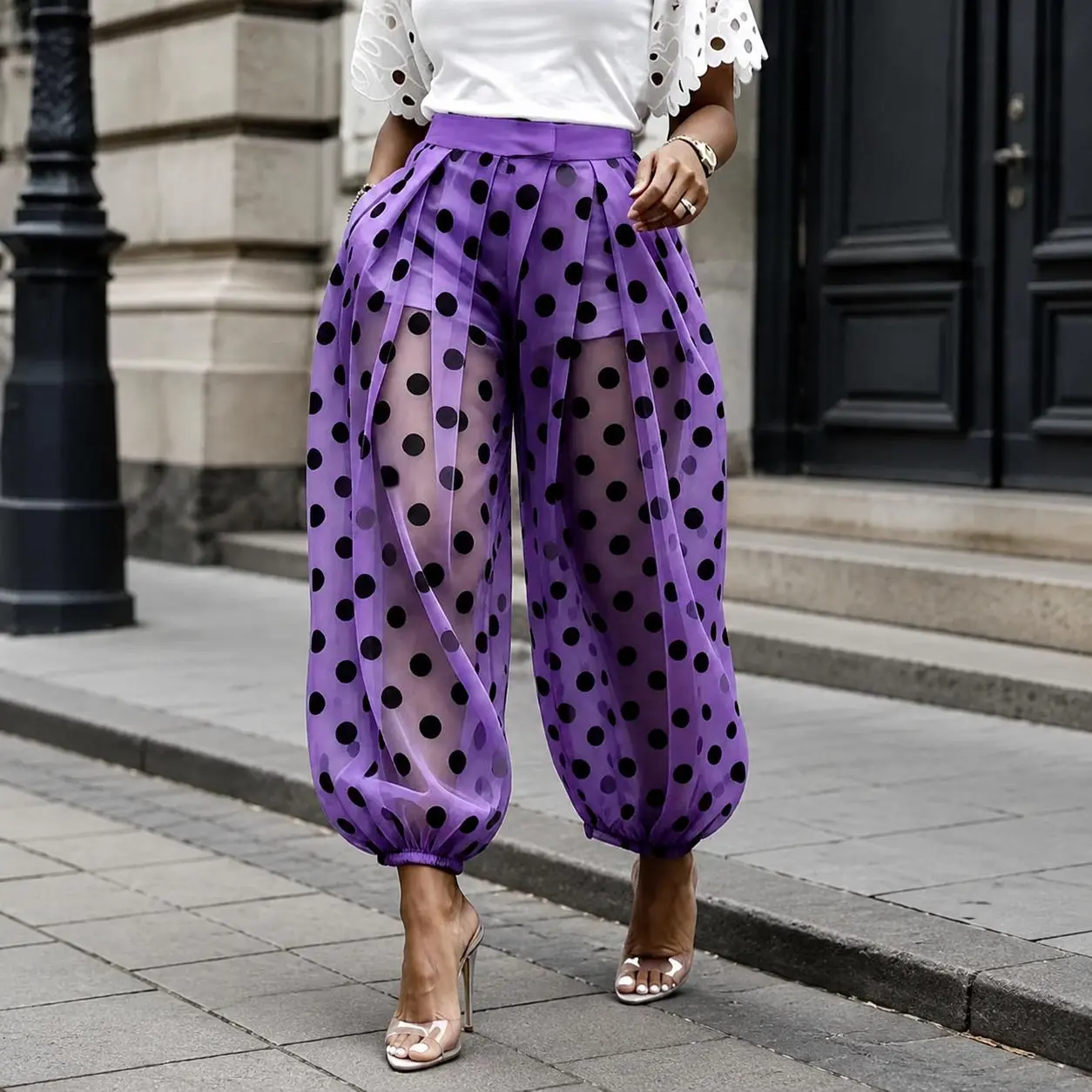 Women's Casual Pants Purple Polka Dot Sheer Mesh Balloon Pants Loose Vacation Street Casual Trousers Bottoms Everyday Fit Baggy