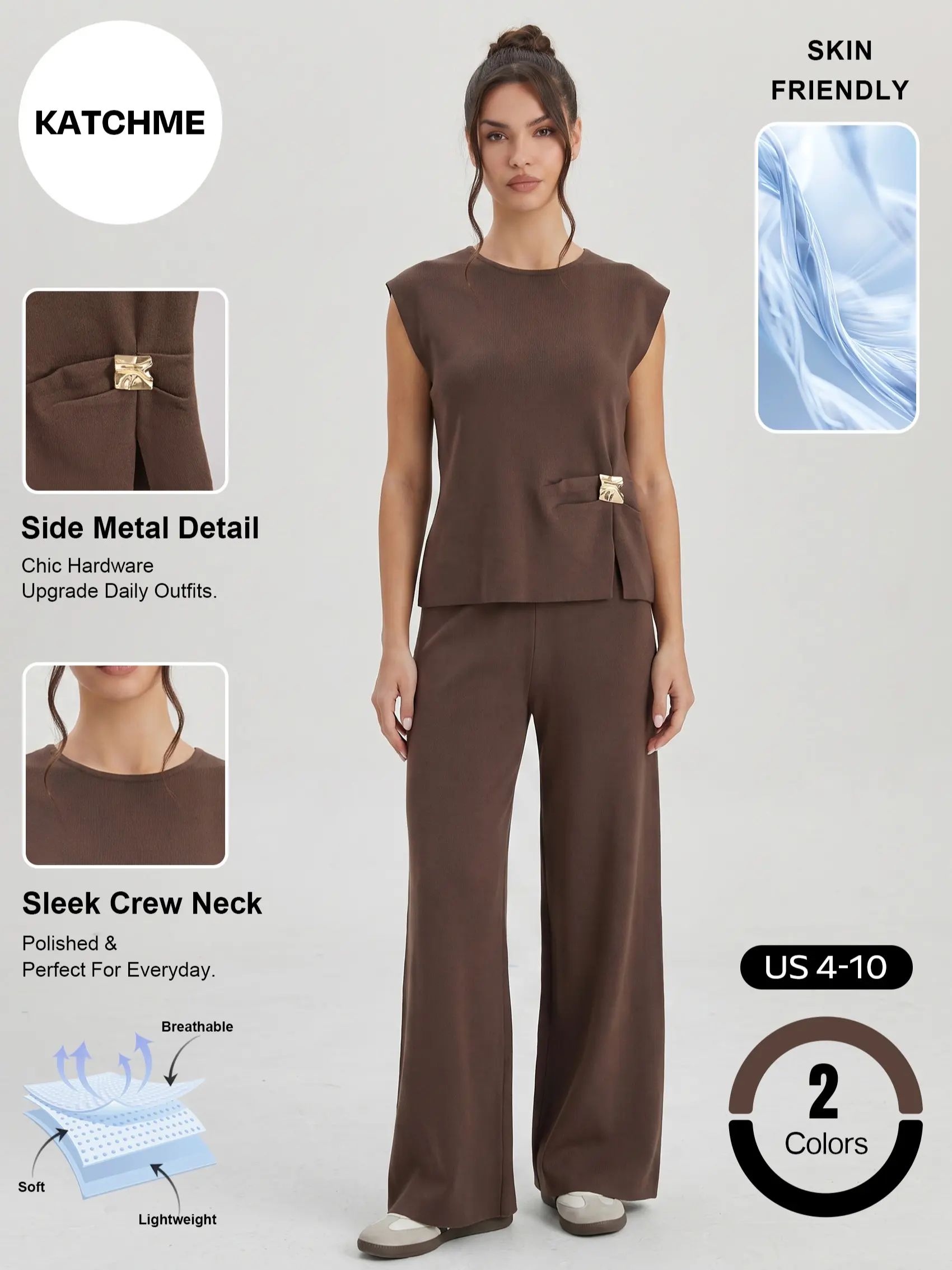 Katch Me Chic Women's 2-Piece Elegant Crew Neck Sleeveless Top & Wide Leg Trousers Co-ord Set, Side Metal Decor, Sleek Soft Pill-Resistant, Skin-Friendly Loose Stretch Going Out Outfit #TikTokMadeMeBuyIt #FindYourStyle