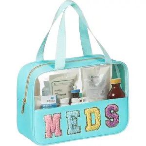 Chenille Letter Patch Clear Travel Bags, Preppy PVC&Nylon Makeup Bag with Handle and Zipper,  Large Clear Travel Toiletry Bag Storage Bag for Women Girls