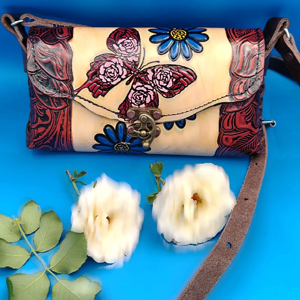Hand-Painted Natural Leather Bag, Mexican Art Design