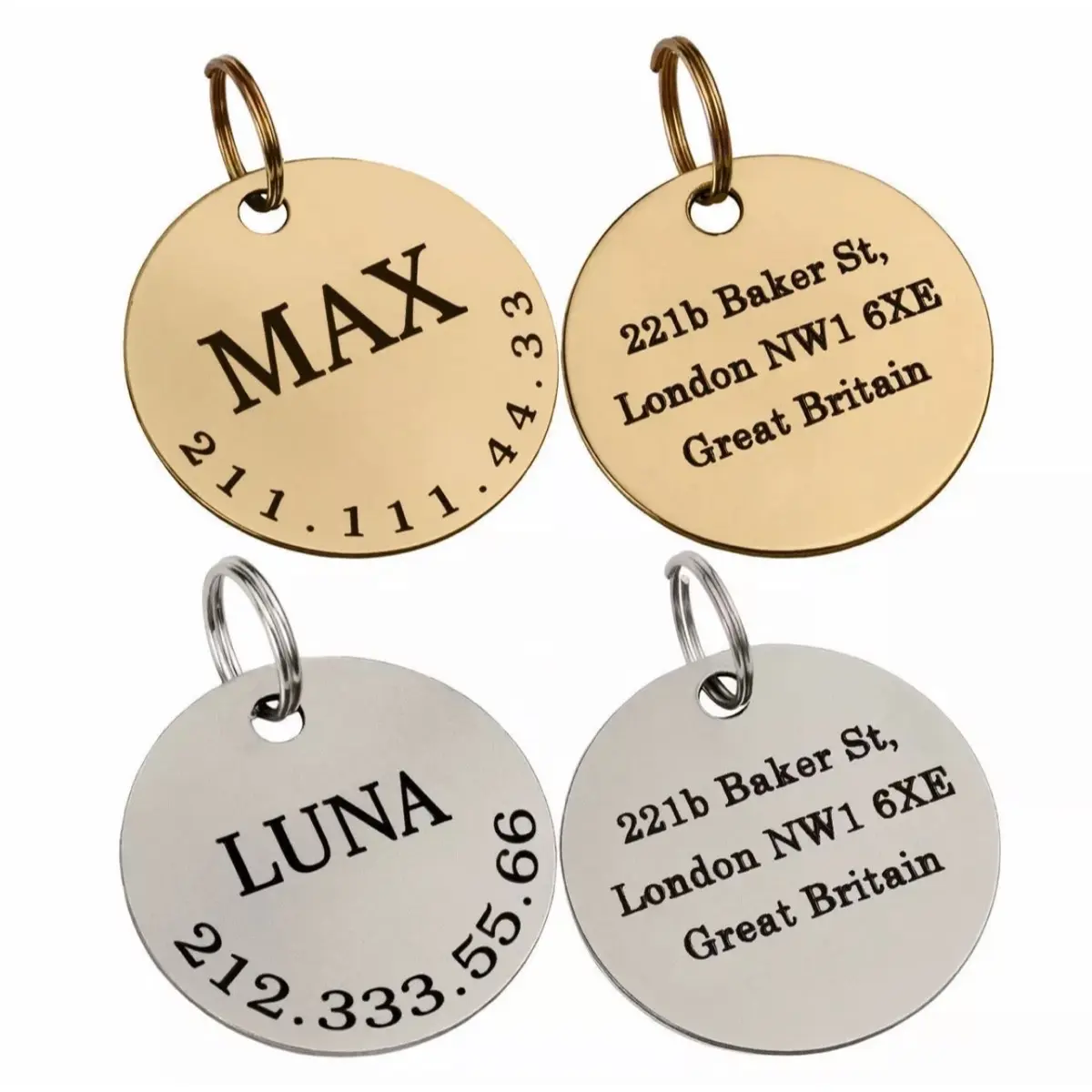Dogs Cats ID Tags Personalized Pet Name Tags, Stainless Steel Round Tags, Silver Gold