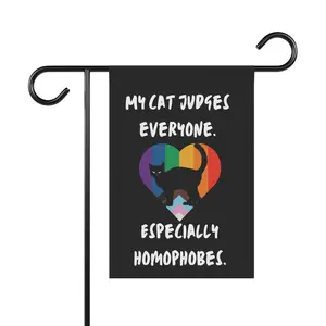 My Cat Judges Everyone Especially Homophobes Garden Flag | House Banner, LGBTQ Pride Heart Cat