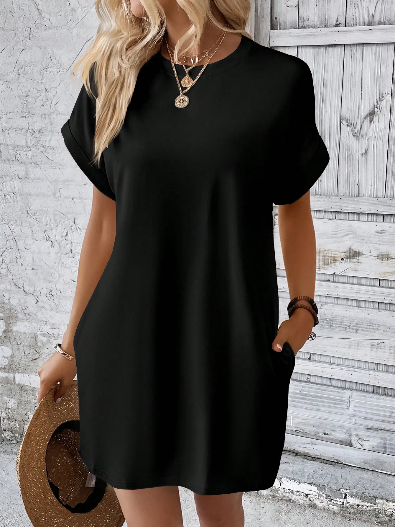 Solid Batwing Sleeve Hidden Pocket Tee Dress