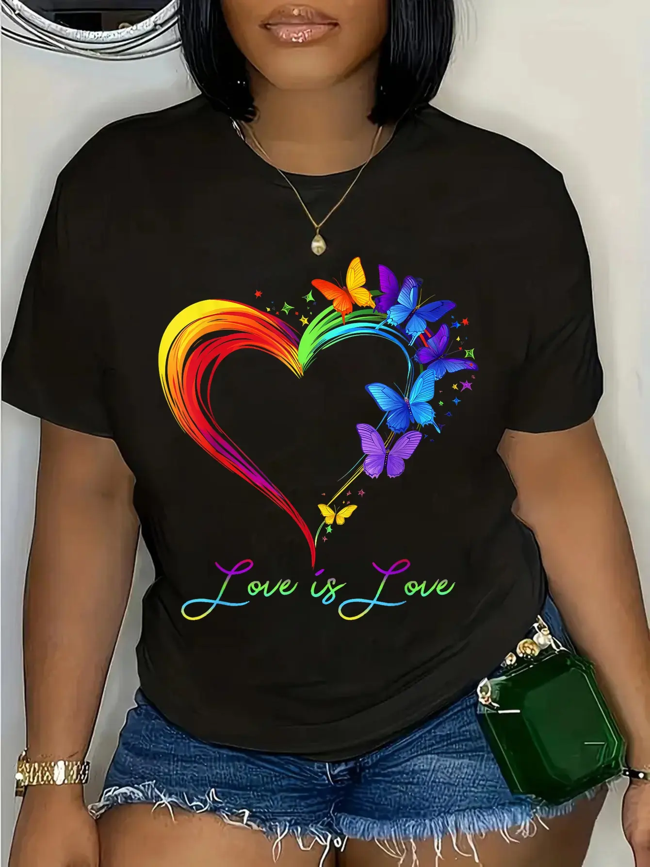Women's Casual Graphic T-Shirt, 100% Cotton Short-Sleeve Streetwear Tee with Rainbow Butterfly Love Is Love LGBT Pride Print, Shortsleeve, Top, Tshirt, Everyday, Lgbtq+ Pride, Playful