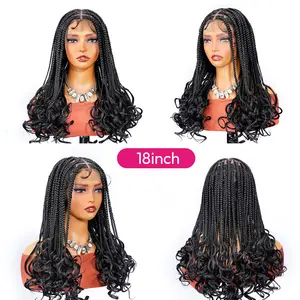 18" Full Lace Box Braided Wig with Curly Ends Glueless Synthetic Knotless Braids for Black Women Lightweight Natural Look Protective Wig
