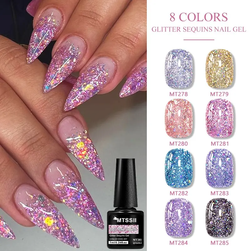 Mtssii Gel Glitter Sequins Nail Polish Set, 8 Colors Glitter Sparkle Top Gloss Soak off UV LED Gel Polish Kit, Glitter Top Coat, Nail Art, 7ML Each for Salon Home DIY Manicure