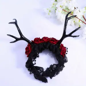BeautyDAO Halloween Antlers Deer Headband Mexican Rose Flower Crown Gothic Costume Lace Hair Hoops for Woman Girl You deserve it