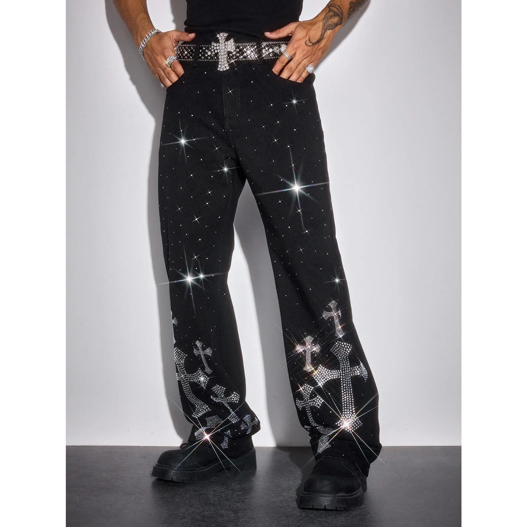 Men's Streetwear Rhinestone Cross Jeans, Stylish Soft Denim Fabric with Slant Pockets for Casual Parties, Fashion Apparel