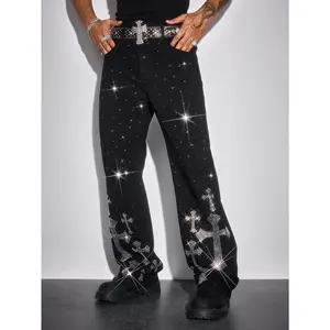 Men's Fashion Rhinestone Cross Graphic Slant Pocket Denim Jeans Street Style Pants