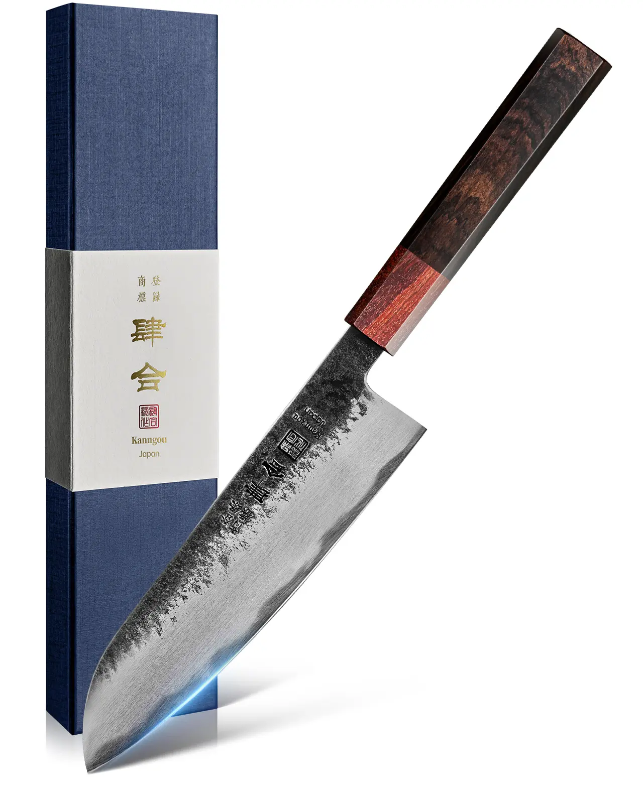 KanngouSaku 7-Inch WA Series Japanese Santoku Knife - Professional Black Forged Steel Hammered Finish Blade, Ergonomic Ebony Handle, Traditional Premium Gift Box, Japanese Techniques Cooking Tool, Best Gift Choice for Weddings, Birthdays, Anniversaries