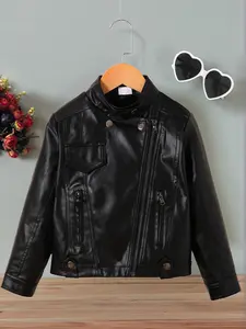 Girls' Spring & Fall Fashion PU Leather Jacket, Trendy Motorcycle Coat With Pockets, Long Sleeve Stand Collar Outerwear, Casual Kids' Clothing