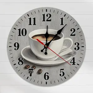 10 Inch Gray Wood Grain Coffee Cup Wall Clock, Vintage Cafe Style Analog Clock, Silent Movement Wall Art for Kitchen, Coffee Bar, Farmhouse Home Decor, DIY ASSEMBLY NEEDED