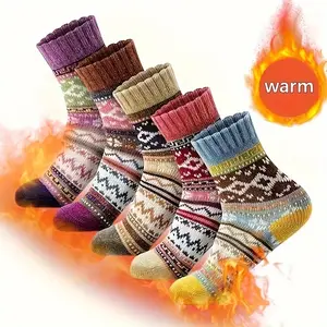 5 Pack Womens Vintage Winter Soft Warm Thick Cold Knit Wool Crew Socks, Multicolor