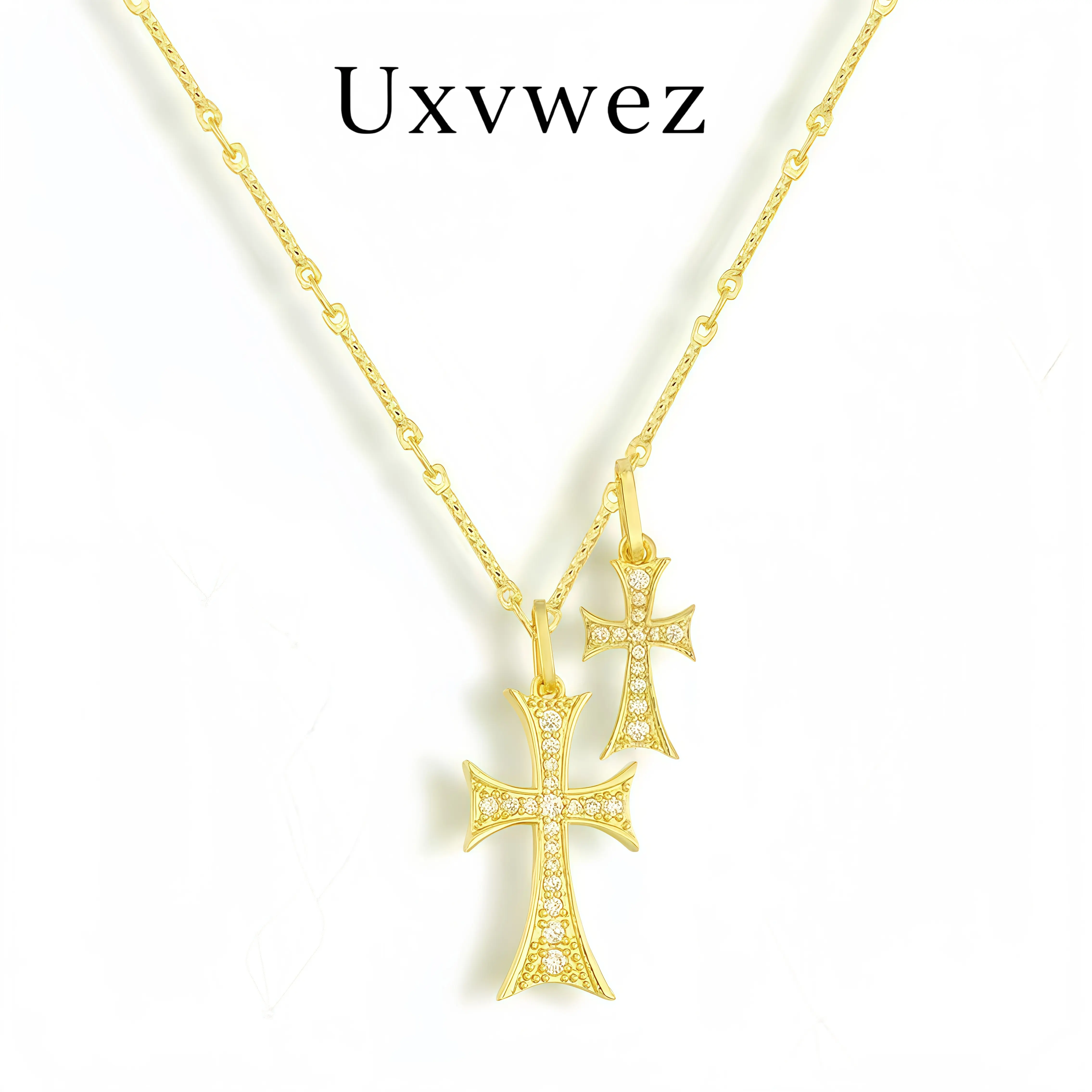 Uxvwez Double Cross Pendant Necklace for Women Gold Silver Tone Cubic Zirconia Twin Cross Charm Statement Jewelry Gift