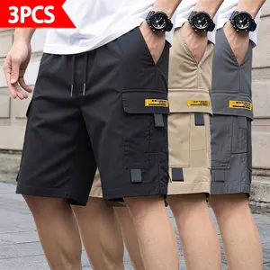 Men’s cargo shorts 3-pack featuring large pockets + yellow tag detailing, drawstring waist; comfortable, casual, suitable for sports, streetwear, and everyday wear