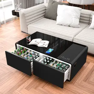 Modern Smart Coffee Table with Built-in Fridge, Bluetooth Speakers, Wireless Charging, Power Socket, USB Ports, Rgb Light