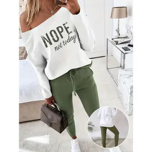 Long Sleeve Nope Not Today Print 2 Piece Outfit Skew Neck Pullover Top with Stretchy Waist Long Pants Tracksuit Jogger Set