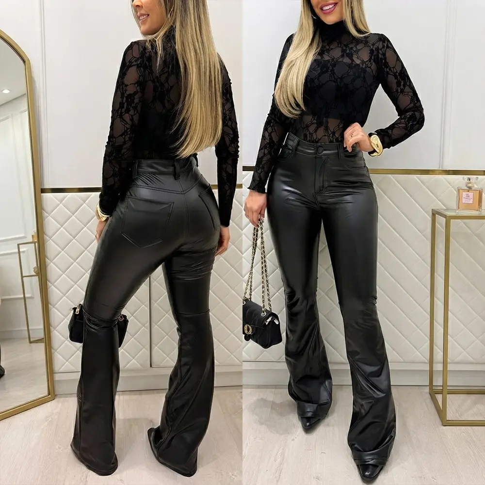 CHICME Women's High Waisted PU Leather Flare Pants Stretch Faux Leather Trousers with Pockets
