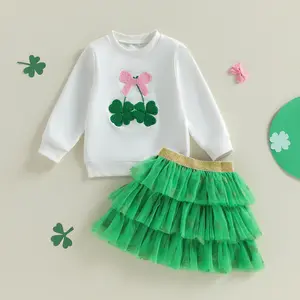 Toddler Baby Little Girls St. Patrick's Day Skirt Set Long Sleeve Embroidery Sweatshirt with Tulle Skirt Spring Outfit 1-5 Years