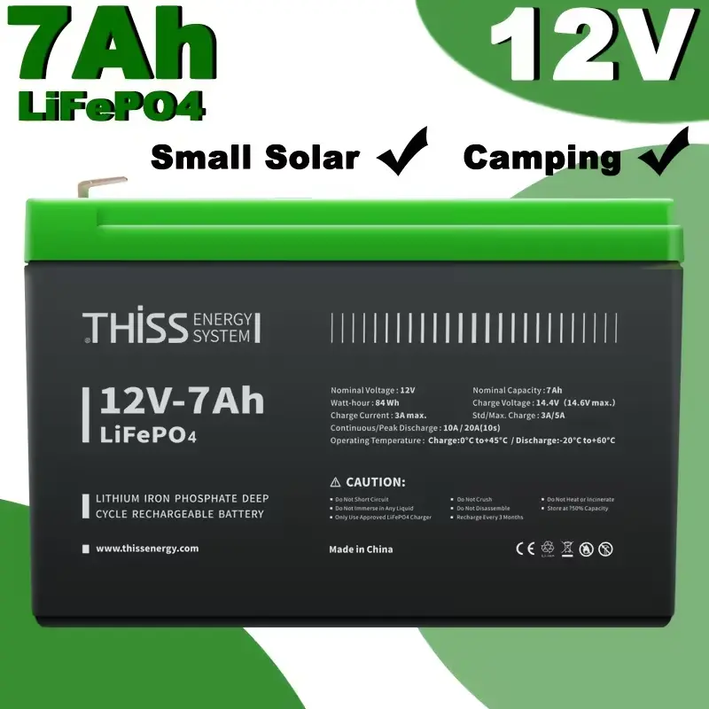 12V 7Ah LiFePO4 Deep Cycle High Capacity Emergency Solar Lithium Rechargeable Battery, Built-in BMS, Ideal for Home Backup Power & Off-Grid Storage, Emergency Solar Battery, High Capacity Battery Solar Battery Powered Portable Powerstation