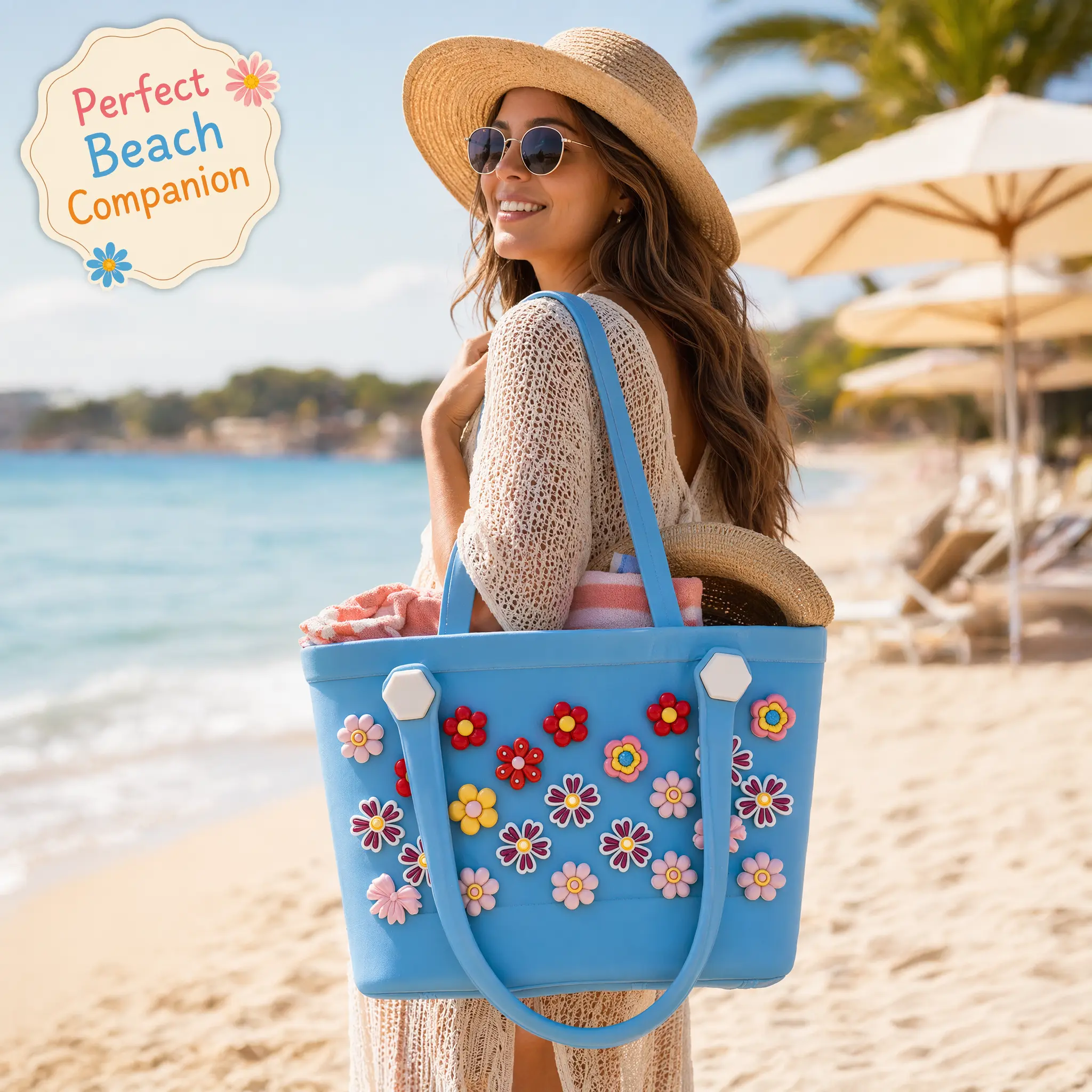 Waterproof EVA Tote Bag for Women, 28×11×21cm Compact Beach Bag, Washable Stain-Resistant Pool & Travel Tote