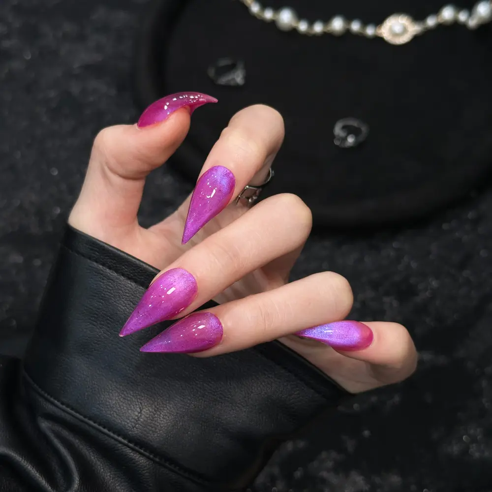 Handmade Press-On Fake Nails, Hot Pink Gradient Glitter Cat-Eye Patches, Thin High-Heel Design, Dragon-Cat-Beast Claw Styles, Reusable Nail Art Decorations, Glitter Nails