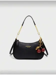 Classic Multifunctional Solid Color Waterproof PU Leather Crossbody Bag with Letter Pattern and Cherry Pendant Adjustable Strap for Women Business Commute Shopping Party