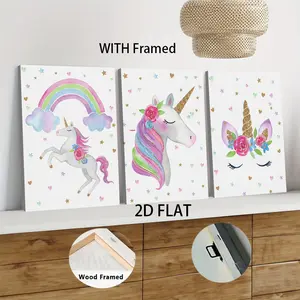 3pcs Framed  Kids Room Cartoon Decorative Painting Unicorn Rainbow Canvas Wall Art with Solid Wood Frame Modern Minimalist Bedroom Living Room Wall Decoration Nordic Style Home Wall Art Mural 2D Flat