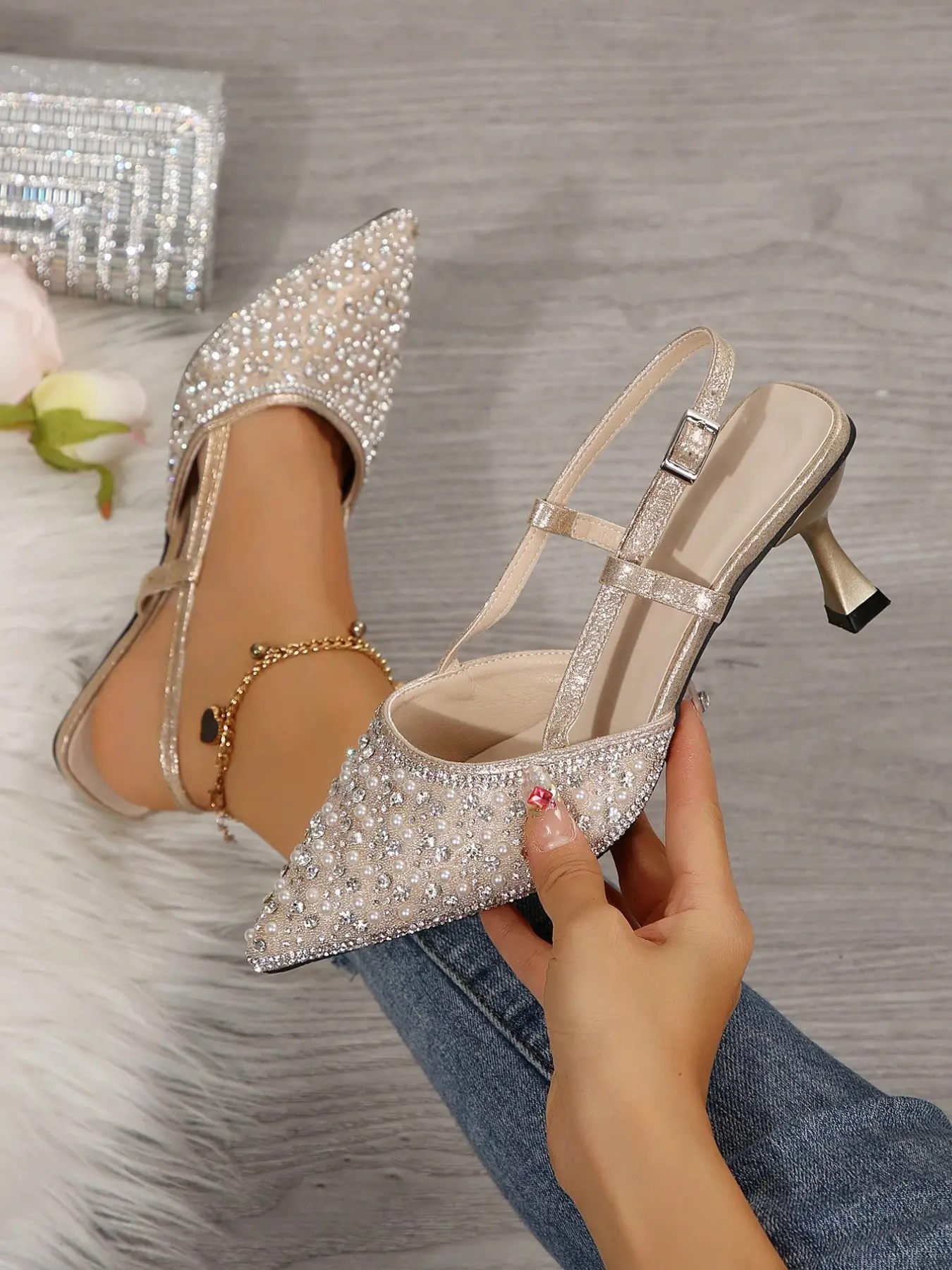 Spring Summer New Korean Style Women's Rhinestone & Artificial Pearl Pointed-Toe Slingback High-Heel Sandals, Stiletto Fine Heel Shoes for Dates, Parties, Commute & Business, Embellished Sandals