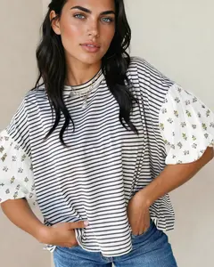 Aviva Puff Sleeve Patchwork Round Neck Loose Top - Black