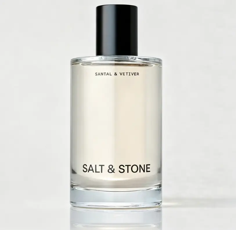 Salt & Stone Santal & Vetiver Unisex Clean Beauty Perfume, Minimal Straight Clear Glass Bottle Solid Black Cap Natural Bergamot Sandalwood Vetiver Woody Scent, 6–8 Hour Soft Skin-Friendly Neutral Fragrance For Daily Office Home Wear