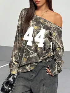 Women's Camo Print Off Shoulder Tee, Casual Tree Print Long Sleeve Fitted T-shirt for Daily Wear, Ladies Clothes for All Seasons, Top