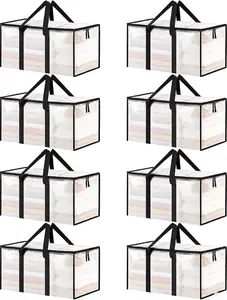 8 Pack Extra Large Heavy-Duty Moving & Storage Bags, Clear Plastic Waterproof Totes with Lids, Reinforced Handles & Heavy-Duty Zippers for Clothes Packing, Dorms, Home Organization