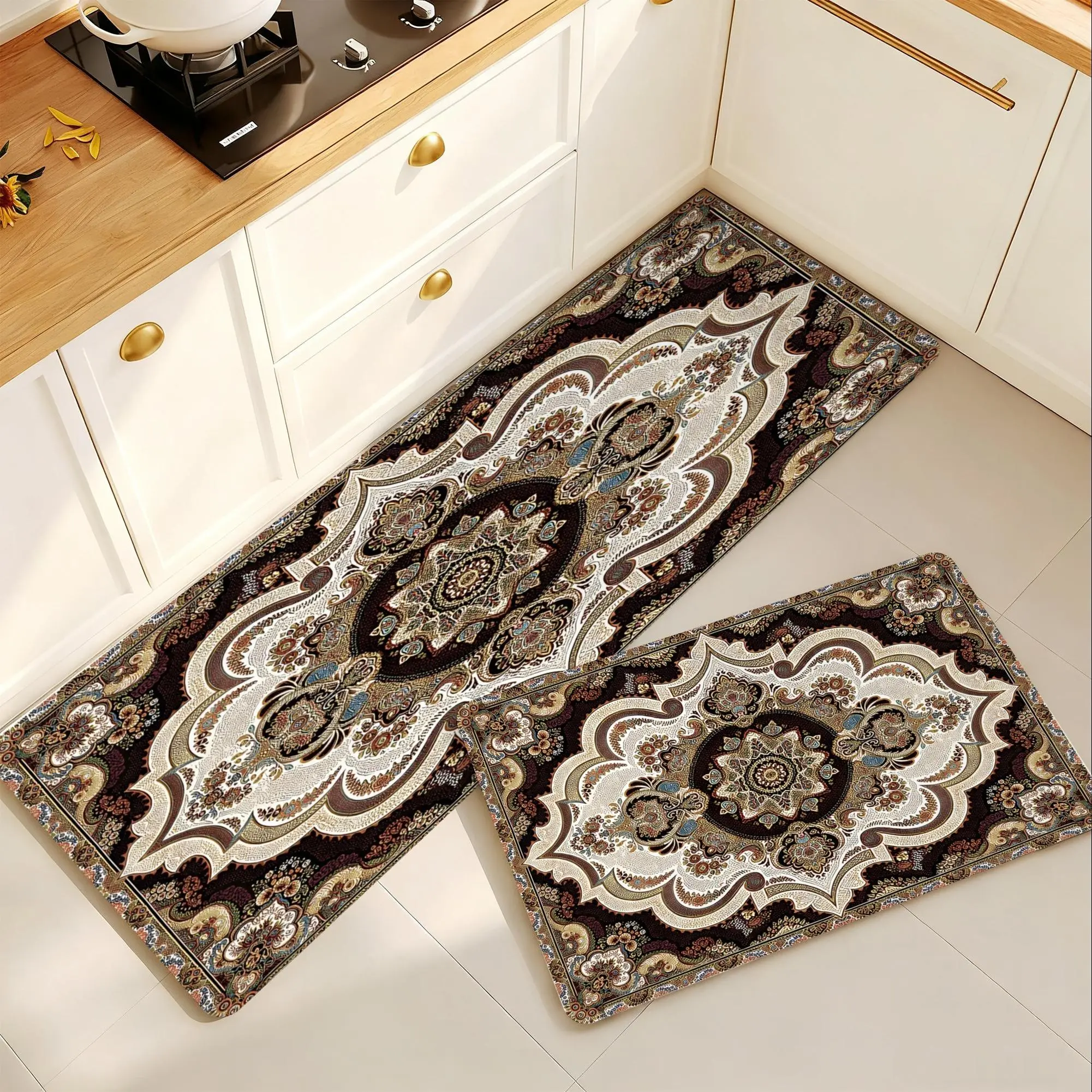 Vintage Brown-Tinted Oriental Floral Persian Fabric Kitchen Rug - 0.4cm Low Profile, Rubber Non-Slip Backing, Absorbent, Stain-Resistant, Washable, Anti-Dust, All-Surface Indoor Runner for Kitchen Sink, House Decor, Fabric Kitchen Rugs, Absorbent Kitchen