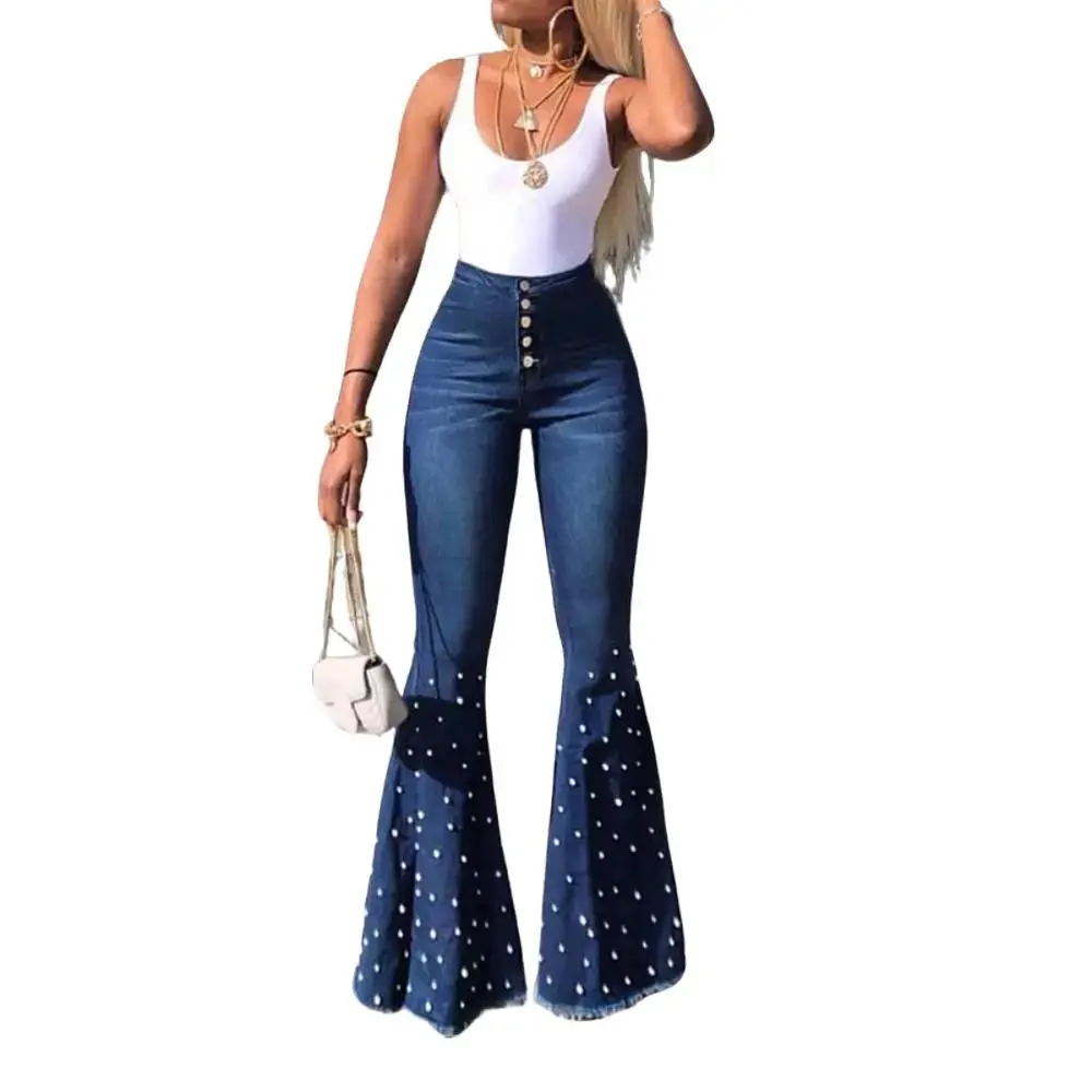 High Waist Pearl Embellished Flare Jeans | Button Front Bell Bottom Denim | 70s Retro Wide Leg Jeans for Women 2026