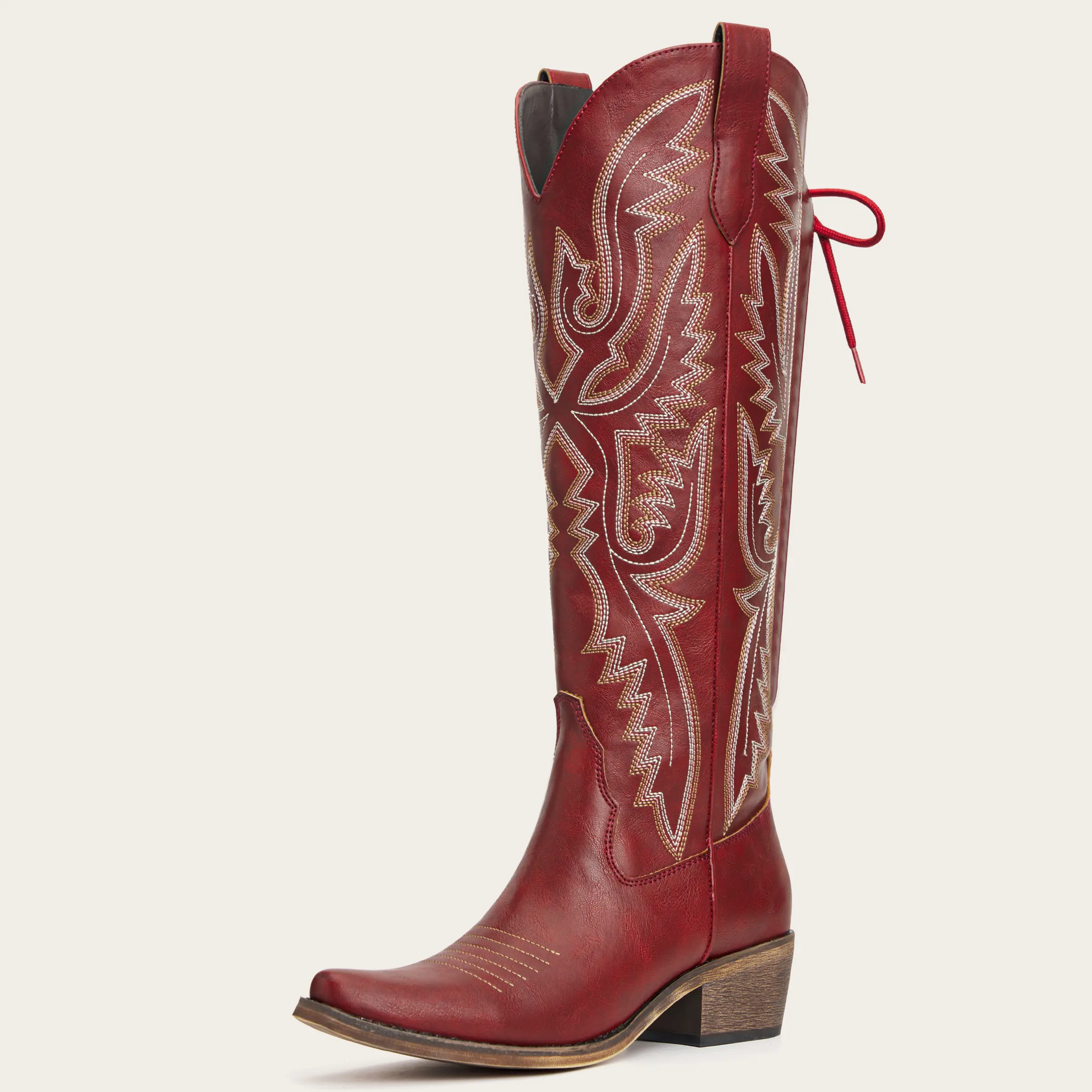 REDTOP Women's Knee-High Cowboy Cowgirl Boots - Snip Toe, Flame Embroidery, Adjustable Back Tie, Zipper Side Entry, Chunky Heel, Rubber Sole Women's Shoes