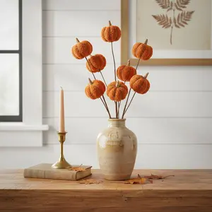 360 stand Mini Pumpkin Wreath Sprays - Set of 6, Orange & Green Flower Decorative Garland Ornaments with Bendable Stems, Festive Home Decor Supplies, Floral