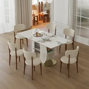63" Modern 4-6 Person Dining Table Set with Storage, Burnt Stone Tabletop & Gold Solid Wood Base, Includes 6  White PU Chairs for Kitchen, Apartment