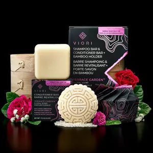 VIORI Beauty Shampoo & Conditioner Bar Set with Bamboo Holder | Terrace Garden Scent