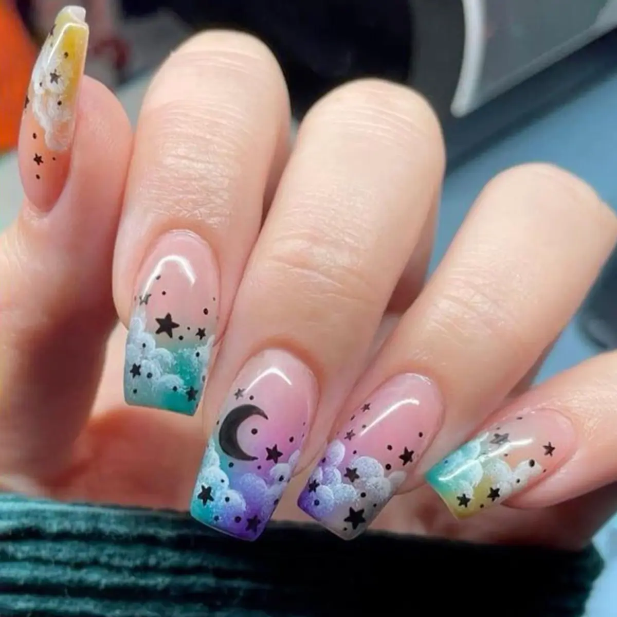 Upgrade Your Nail Style with 24pcs Multicolor Star Moon Cloud Press-On Nails, Short Square Acrylic Reusable Fake Nails for Women & Girls, Stylish Acrylic Nails