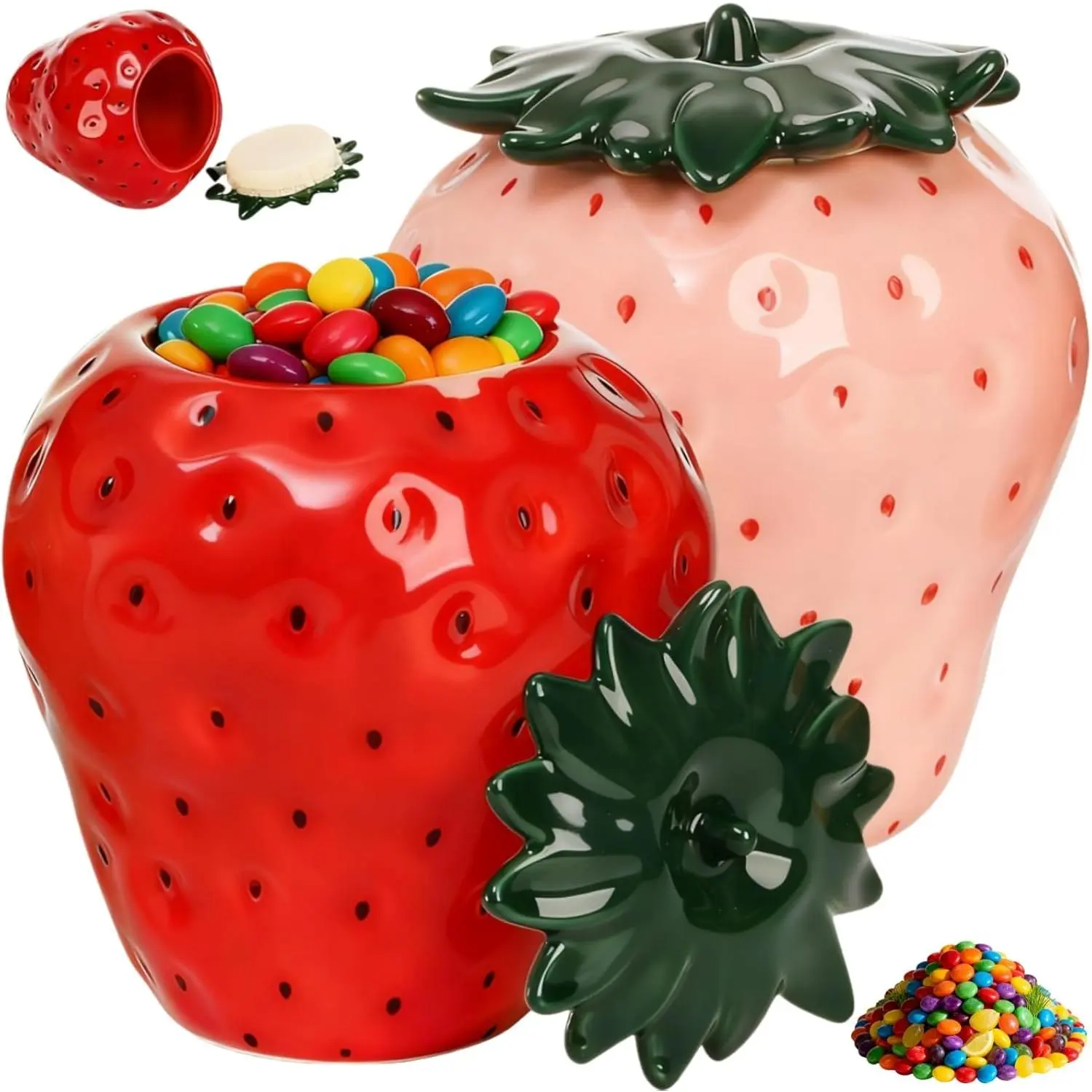 2-Pack 14 oz Sturdy Smooth Ceramic Strawberry Containers Set, Food-Safe Airtight Leak-Proof Lids, Maintains Freshness, Farmhouse Home Decoration for Chocolate Chip Cookies, Sugar, Gift for Friends