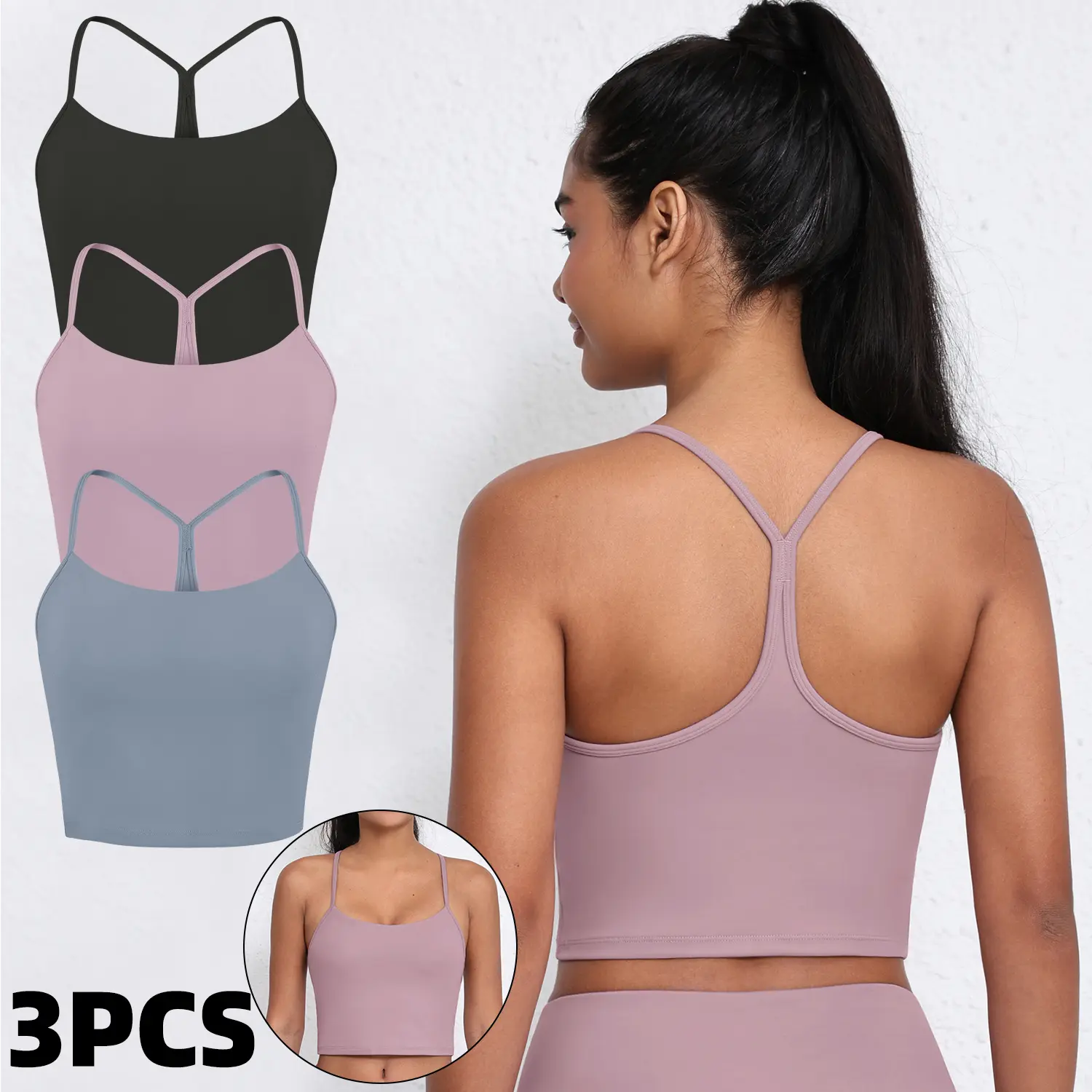 CHRLEISURE 3PCS  Y Cross Back Tank Top Yoga Crop Top for Women Workout Soft Stretch Gym Activewear Tank Top