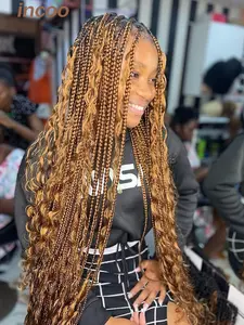 Full Lace Front Wigs Ginger Brown Colored Synthetic Bohemian Box Braids Goddess Locs Box Braided Wig 36" Boho Box Braided Wigs Curly Ends Boho Braided Lace Wigs For Black Women Ombre Blonde Hair Cornrows Wigs Knotless Boho Style Wigs